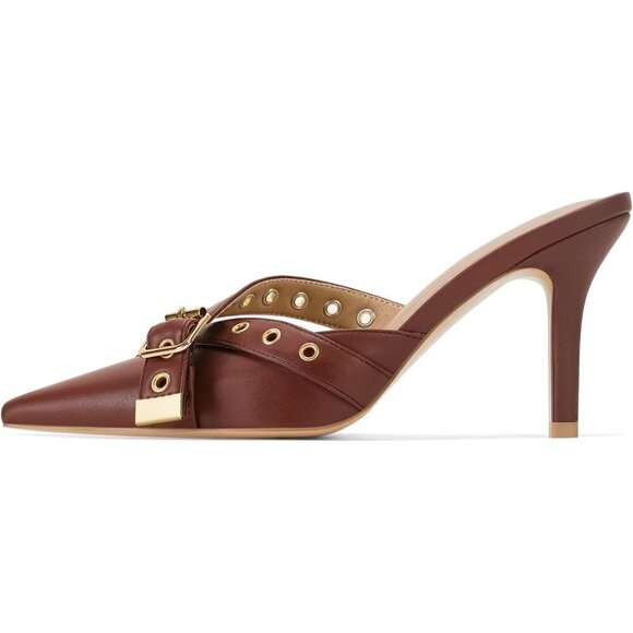 Shoes - Ⓜ️Women's Brown Pointed Closed Toe Pointy Studded Stiletto Slip on Pump Shoes